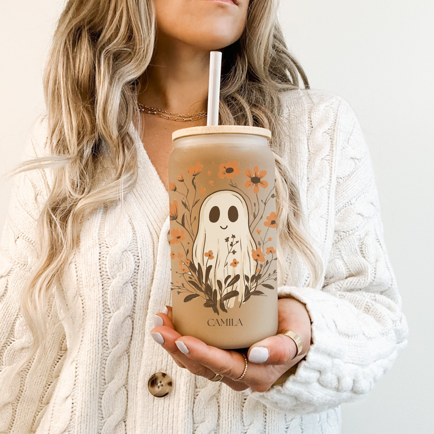 Personalized Cute ghost Glass - Coffee glass with lid