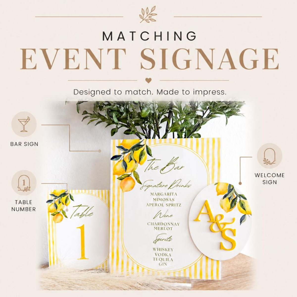 Lemon Wedding Acrylic Table Number Sign – Mediterranean Table Decor