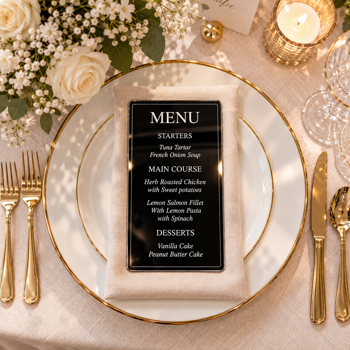 Personalized Black Acrylic Wedding Menu – Elegant Place Setting Menu