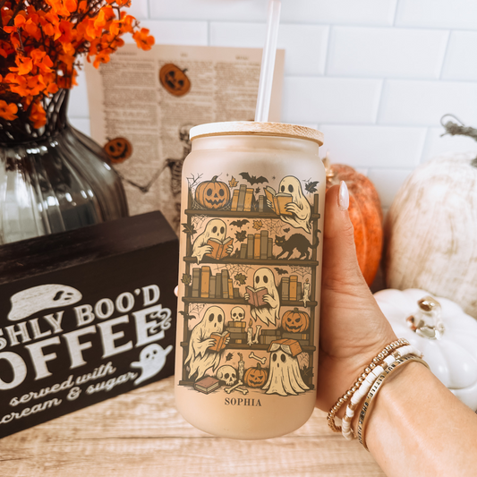 Retro Ghost Reading Books - Coffee glass with lid
