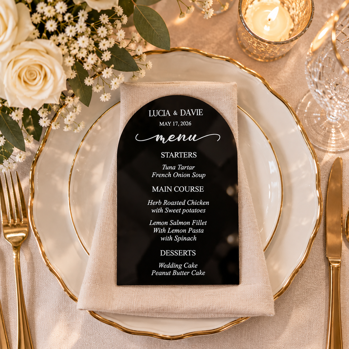 Personalized Acrylic Menu – Gold Mirror Place Setting Menu