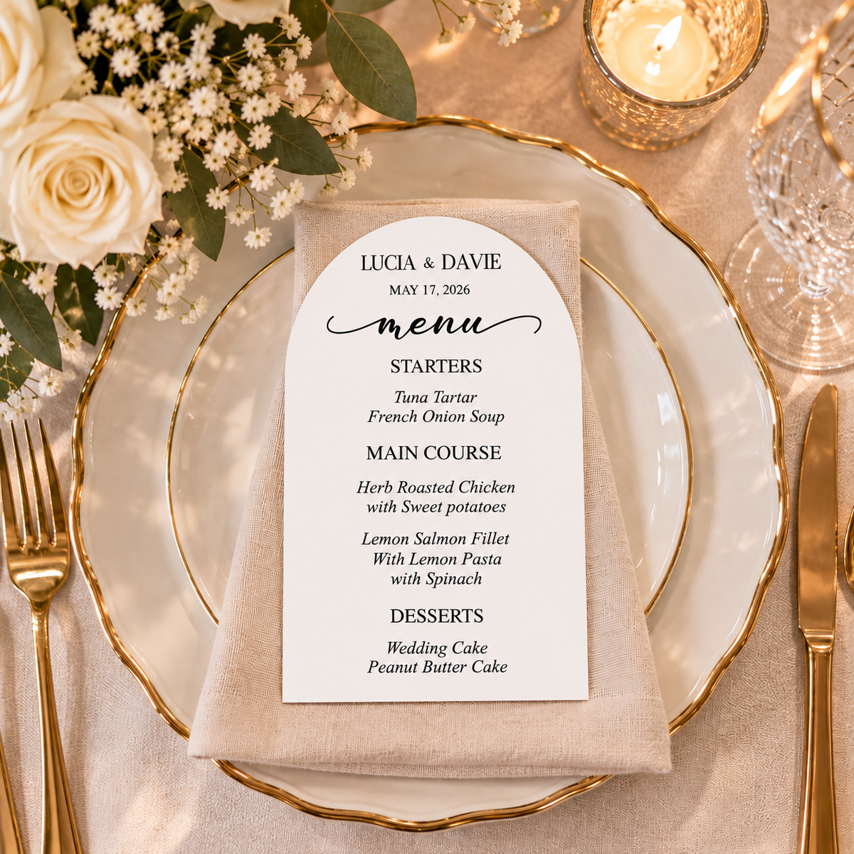 Personalized Acrylic Menu – Gold Mirror Place Setting Menu