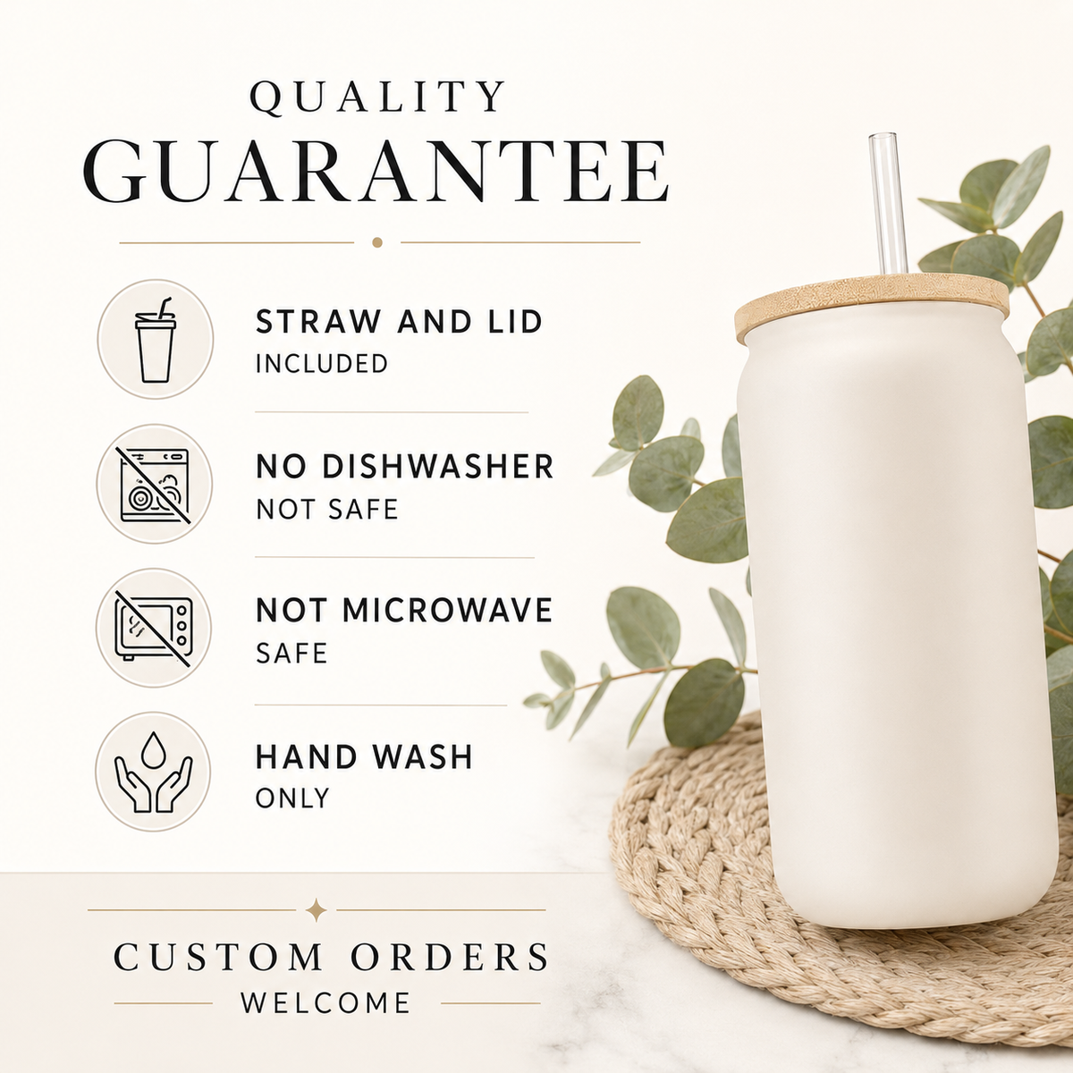 Custom 16oz Glass Cups with Bamboo Lid - Bulk Order Available
