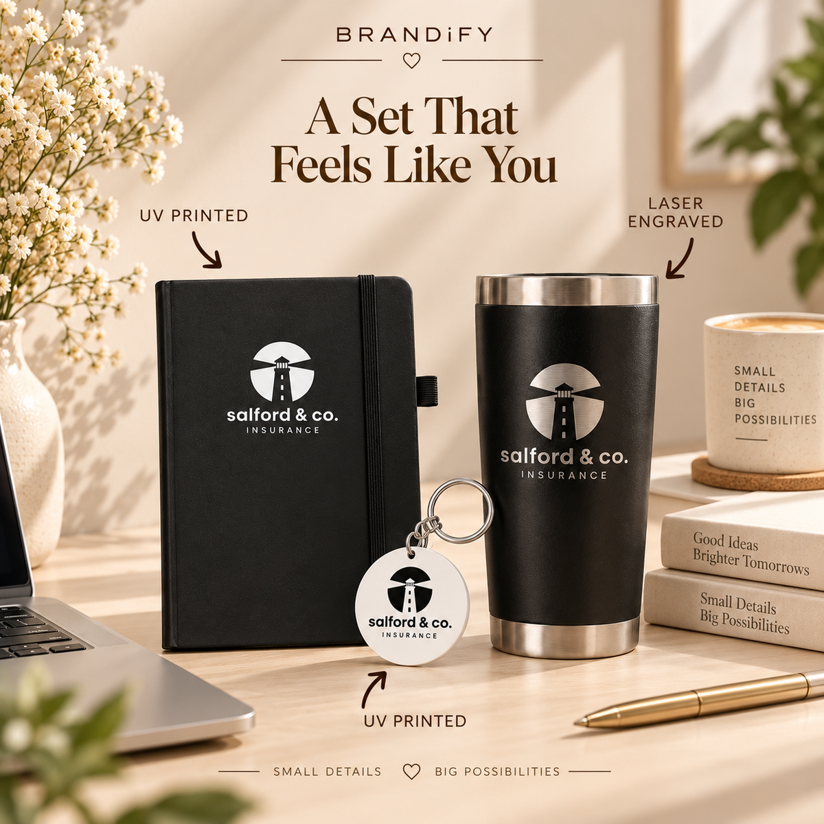 Custom Corporate Gift Kit with Company Logo – Tumbler, Notebook & Acrylic Keychain