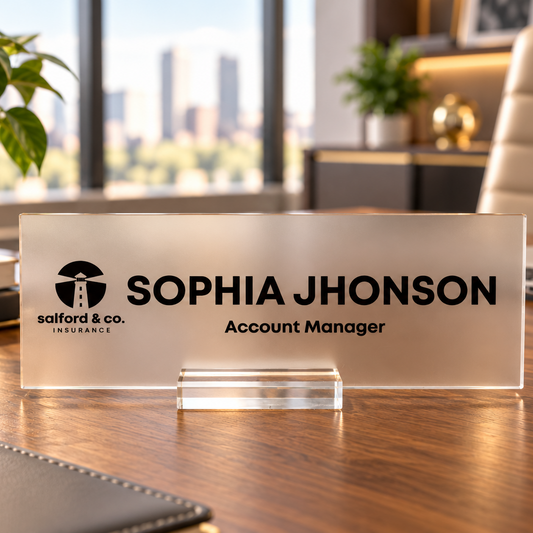 Custom Acrylic Desk Name Sign with Logo – Personalized Office Name Plate