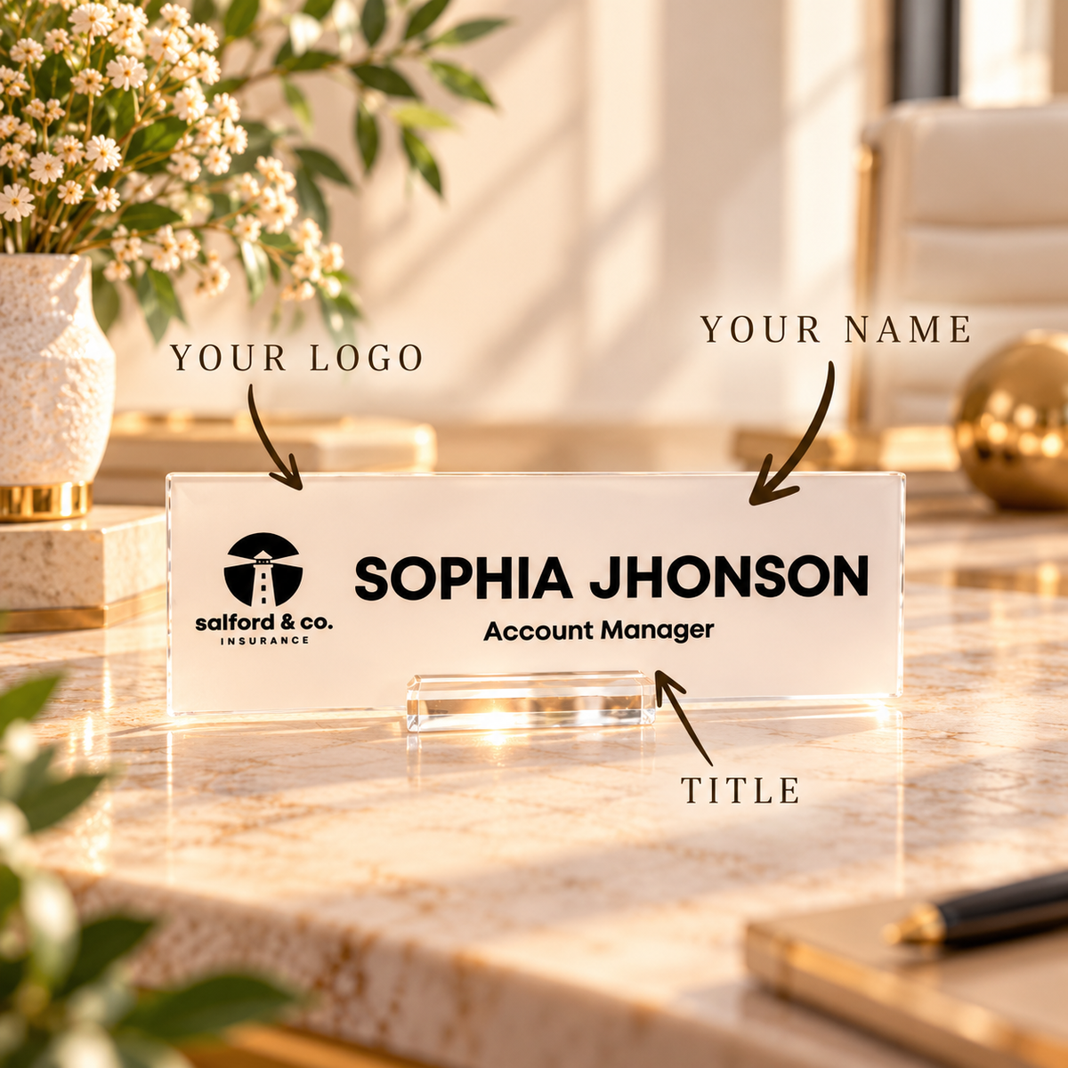 Custom Acrylic Desk Name Sign with Logo – Personalized Office Name Plate