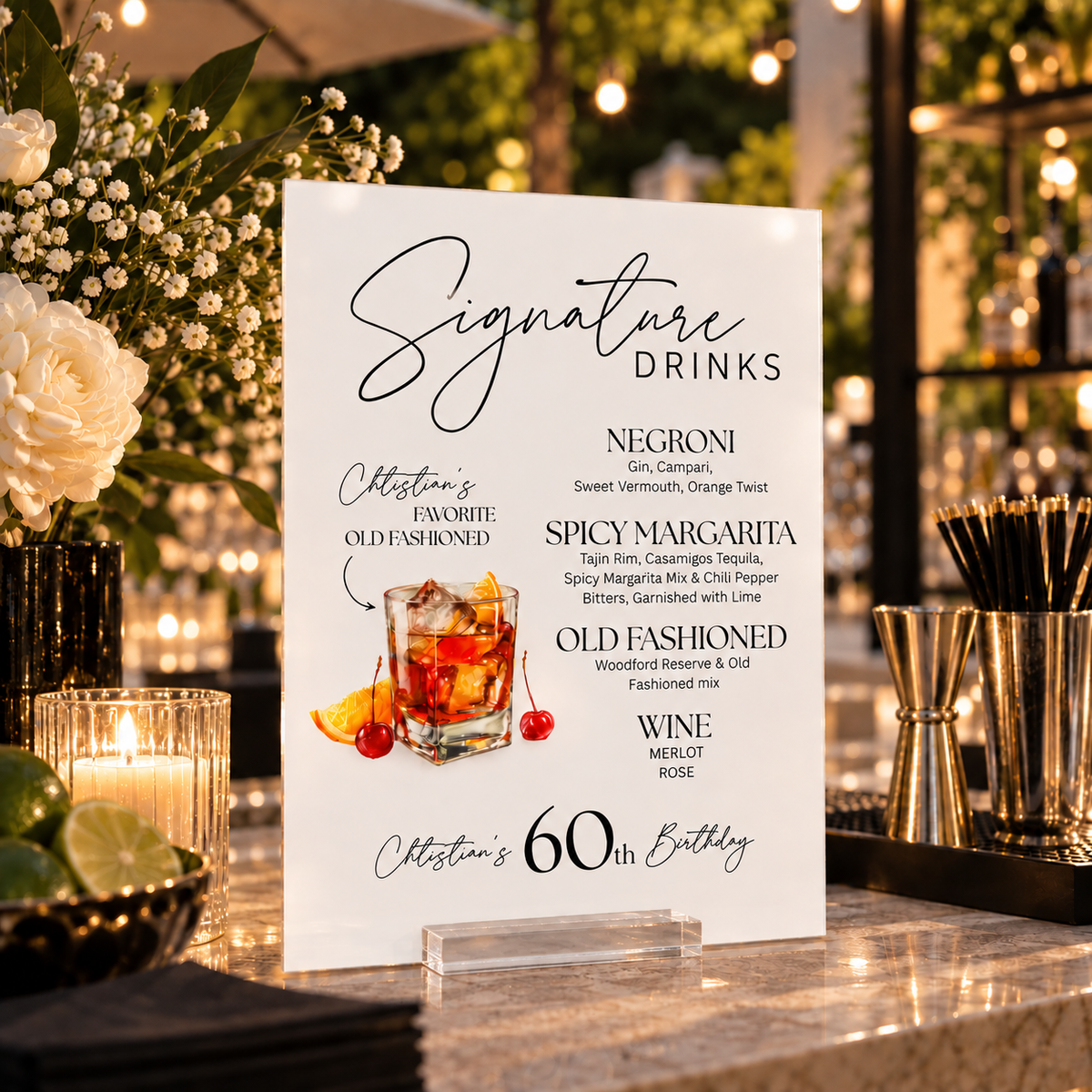 Personalized Signature Drinks Birthday Sign – Custom Acrylic Cocktail Menu