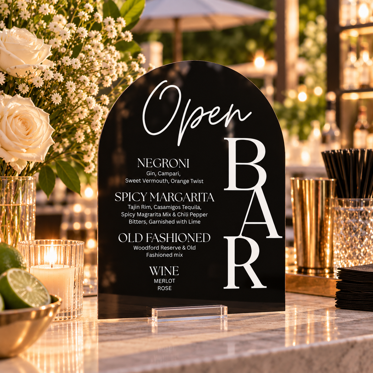 Black Acrylic Bar Menu Sign – Personalized Open Bar Cocktail Menu