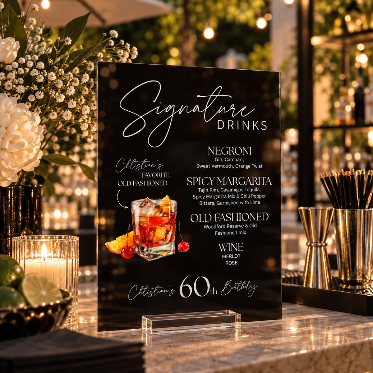 Personalized Signature Drinks Birthday Sign – Custom Acrylic Cocktail Menu