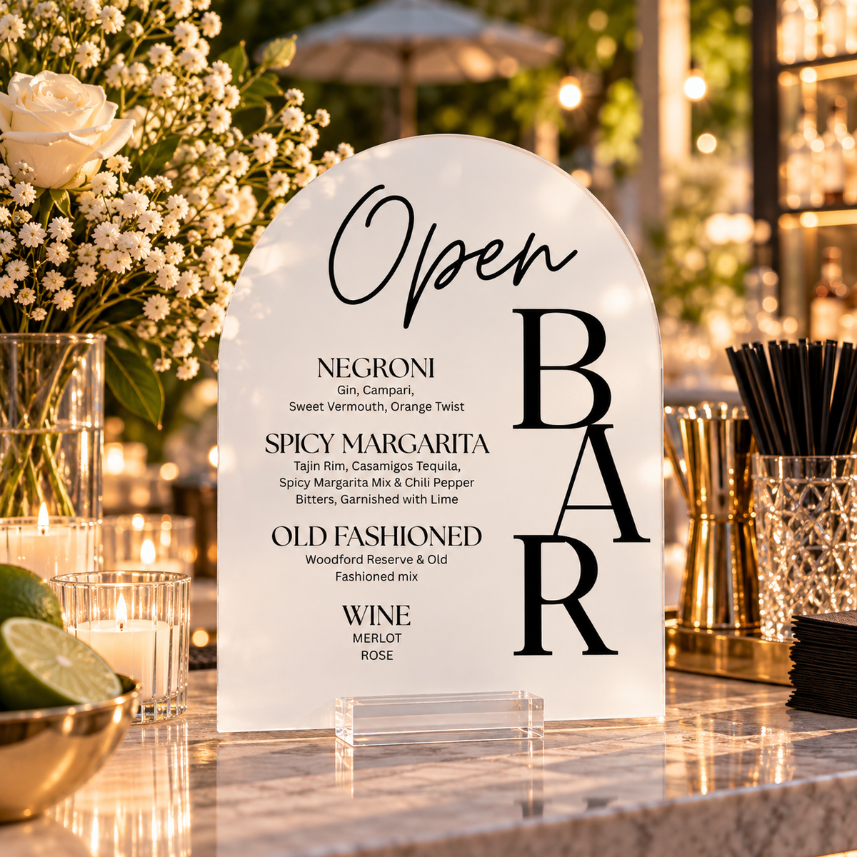 Black Acrylic Bar Menu Sign – Personalized Open Bar Cocktail Menu